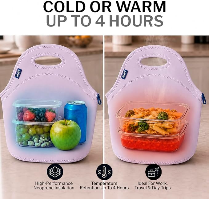 Built Gourmet Getaway Neoprene Lunch Bag, Large Capacity - Lavender | Insulated Neoprene Tote with Zipper & Handles, Reusable Lunch Bag for Work, School, Travel & Picnics, Machine Washable - Image 3