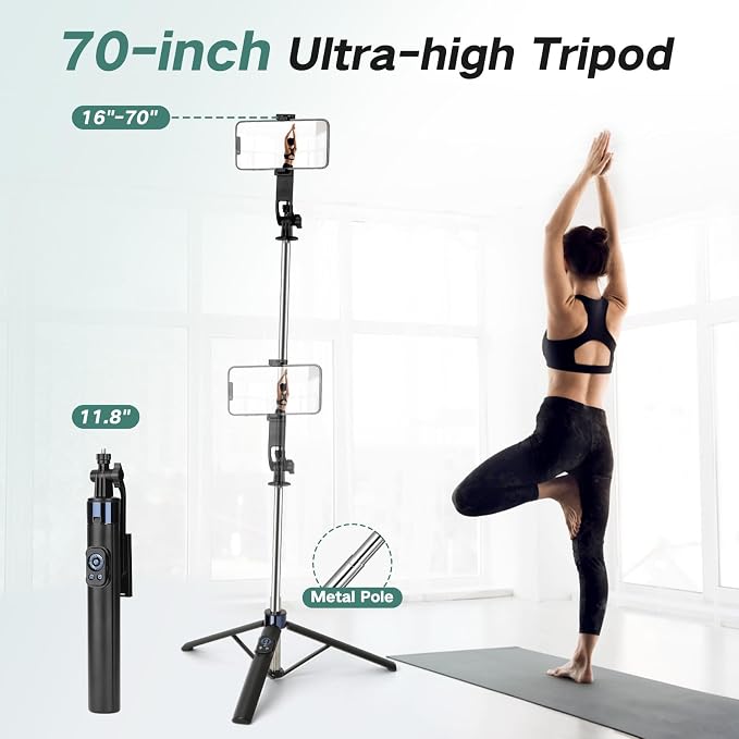 70 Inch Selfie Stick Tripod for iPhone with Remote,Extendable Selfie Stick for iPhone,Portable Travel Phone Tripod for Video Recording Live Streaming - Image 3