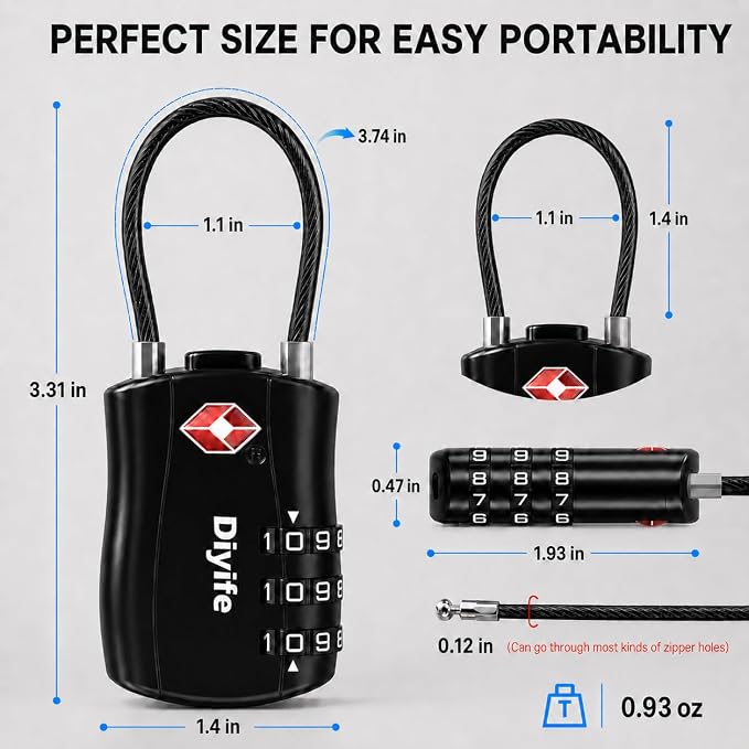 TSA Approved Luggage Locks, Diyife 2 Pack Combination Travel Cable Lock | 3-Digit Resettable Code Lock with Zinc Alloy Body for Suitcases Travel Backpack Bag Case Gym Locker, Black - Image 7