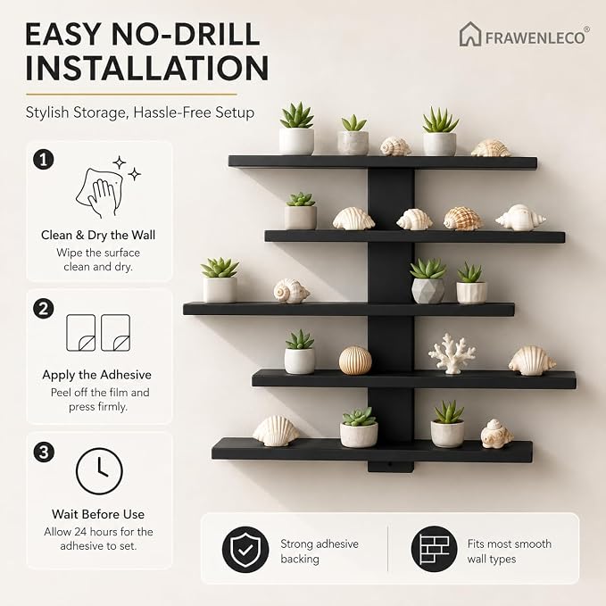 No Drill Wall Shelf, 5-Tier Black Floating Shelves with Adhesive, Damage-Free Wall Mounted Organizer for Bathroom, Kitchen, Living Room, Bedroom(Black) - Image 7