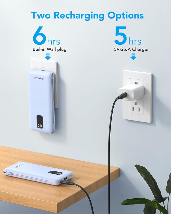 charmast Portable Charger with Built-in Cables and AC Wall Plug | 10000mAh Power Bank with 4 Outputs,USB-C & USB-A Battery Pack,Slim Travel Phone Charger for iPhone,iPad,Samsung,Android - Image 6