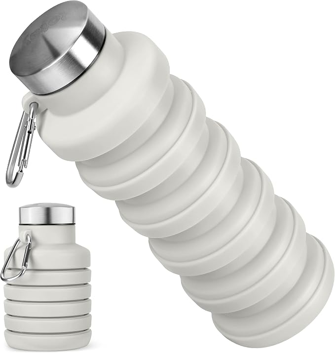 Collapsible Water Bottle, 16oz Portable Reusable Silicone Water Bottle with Carabiner for Gym, Travel, Camping, Hiking, Sports, Lightweight, BPA-Free, Leak-Proof, Foldable Design, Gray by HOME