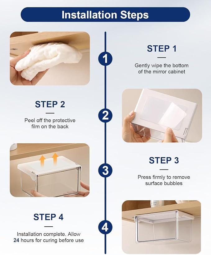 Hanging Cabinet Organizer – 33° Tilted Under Desk Drawer & Bathroom Storage – Self-Adhesive Clear Pull-Out Bins for Kitchen, Office & Vanity (Small) - Image 7