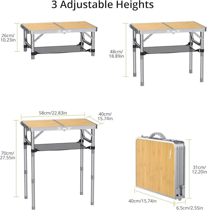 Anbte 2ft Camping Folding Table, 3 Adjustable Heights High 27.5", 24" x 16" | Aluminum Small Folding Table with Storage Net, Portable, For Outdoor Indoor Picnic Beach BBQ RV Travel Camp, Light Oak Grain - Image 3