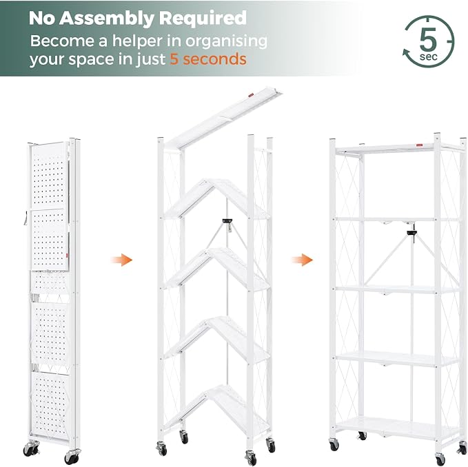 DEANIC 5-Shelf Folding Bookcase with Wheels, Heavy Duty Storage Shelves, Freestanding Metal Wire Shelving Unit for Living Room, Office, Kitchen, Basement, Pantry(White 2 Pack) - Image 4