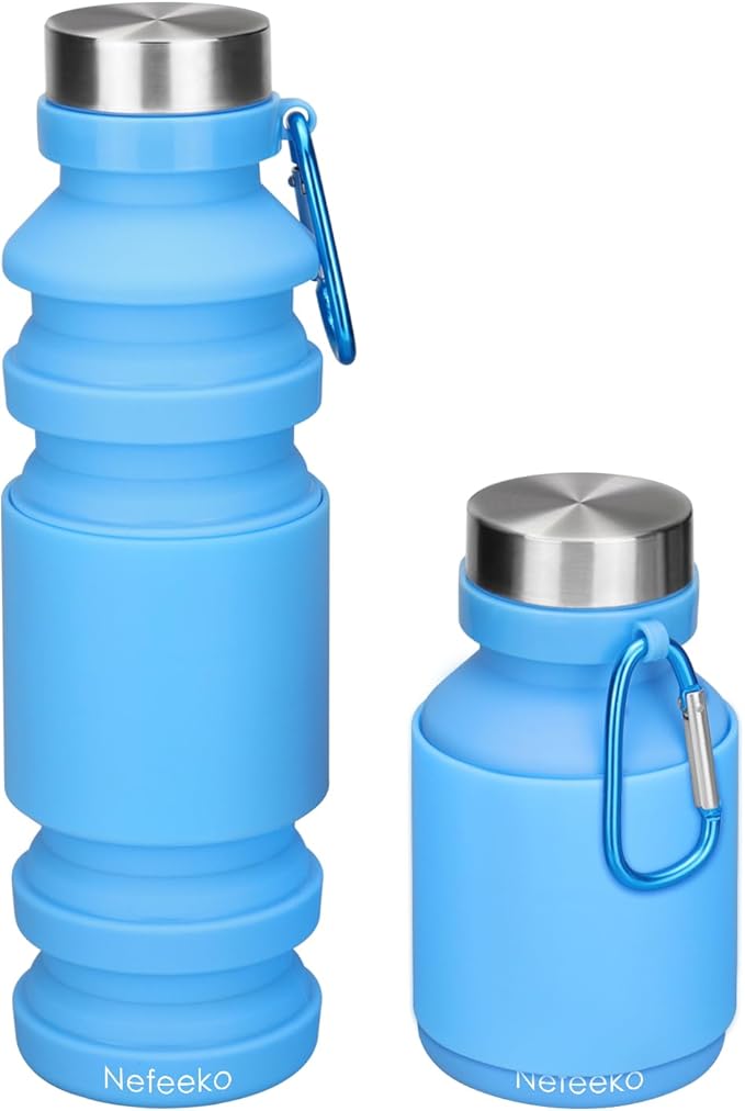 Nefeeko Collapsible Water Bottle, Reuseable BPA Free Silicone Water Bottles | Foldable Water Bottles for Travel Gym Camping Hiking, Portable Leak Proof Sports Water Bottle with Carabiner by Nefeeko