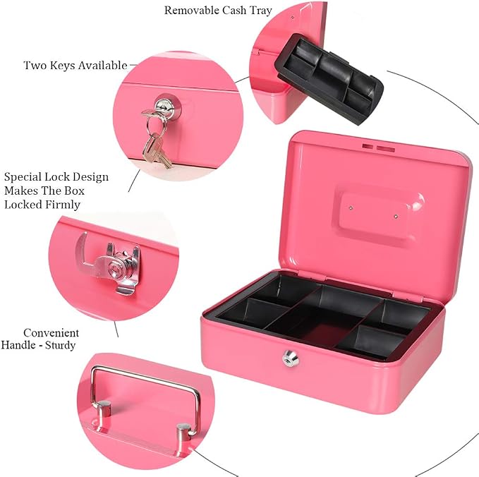 Jssmst Cash Box with Tray - Pink Money Box with Key Lock, Money Saving Box Lock Box, 9.84'' x 7.87'' x 2.6'', SM-CB00125PK - Image 4