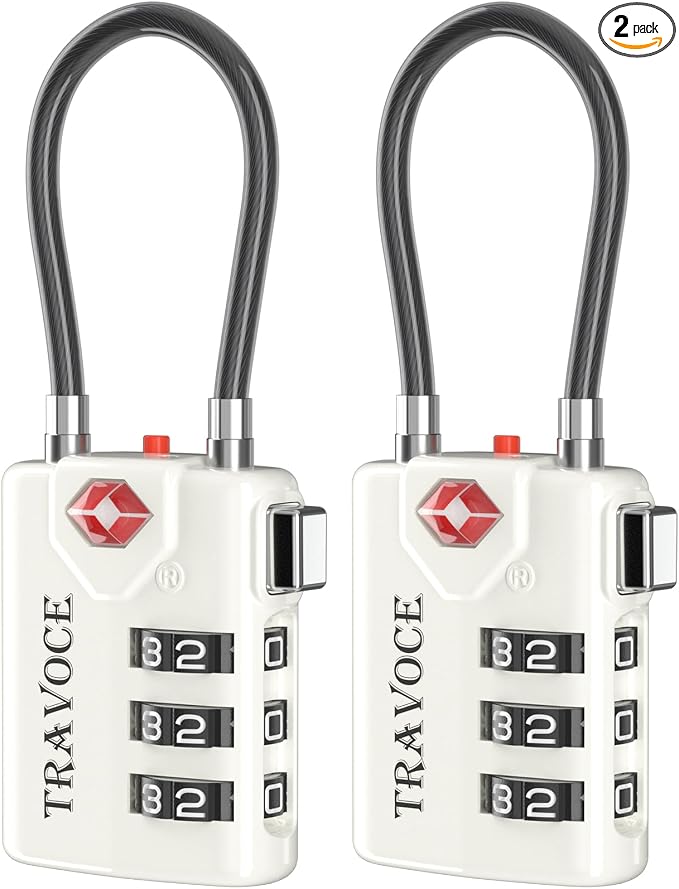 TSA Approved Luggage Locks, Combination Cable Locks, 2 Pack, White | Search Alert shows TSA key access; resettable 3-digit code and flexible braided steel cable for suitcases and backpacks. by TRAVOCE