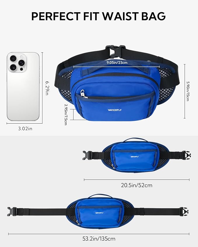 WATERFLY 2.3L RFID Fanny Pack: Anti-Theft Bellows-Style Opening for Hiking | Lightweight Water-Resistant Nylon, Breathable Back Pad, Woven Strap Loops, Key Hook, Travel Camping Cycling, Women Men - Image 5