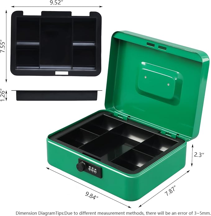 KYODOLED Large Cash Box with Combination Lock,Safe Metal Box for Money, Storage Lock Box with Money Tray,9.84"x 7.87"x 3.54" Green Large - Image 5