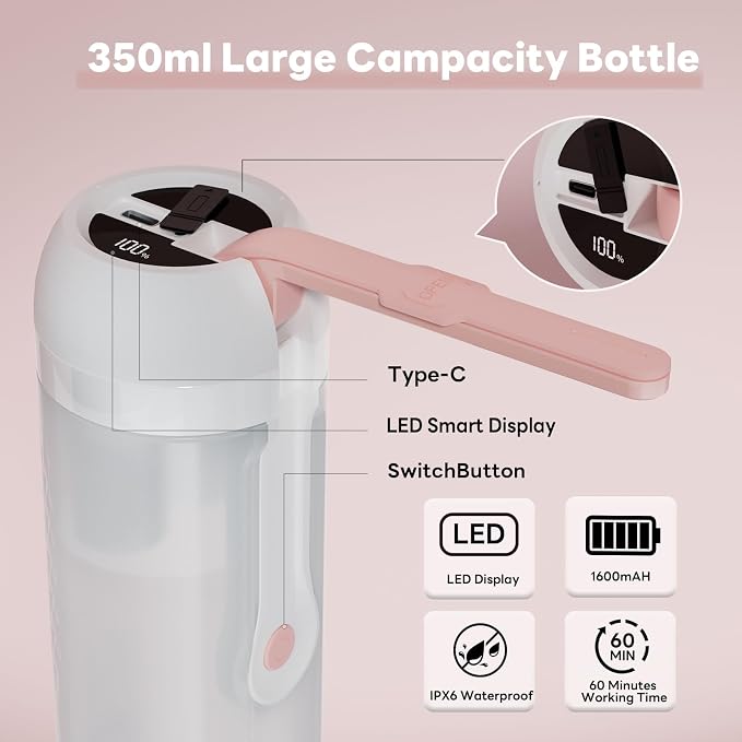 Portable Electric Bidet for Travel with 180° Adjustable Nozzle, Strong Water Pressure- Handheld Rechargeable USB-C Bidet,350ml Waterproof Personal Hygiene Cleaner for Postpartum Women, Camping (Pink) - Image 6