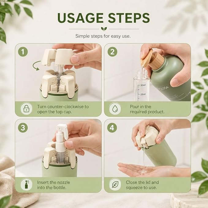 Green 4 in 1 Travel Dispenser for Toiletries, TSA Approved Leak Proof Refillable Travel Bottles for Shampoo, Conditioner, Lotion & Soap, Portable Travel-Size Container Accessories for Women & Men - Image 3