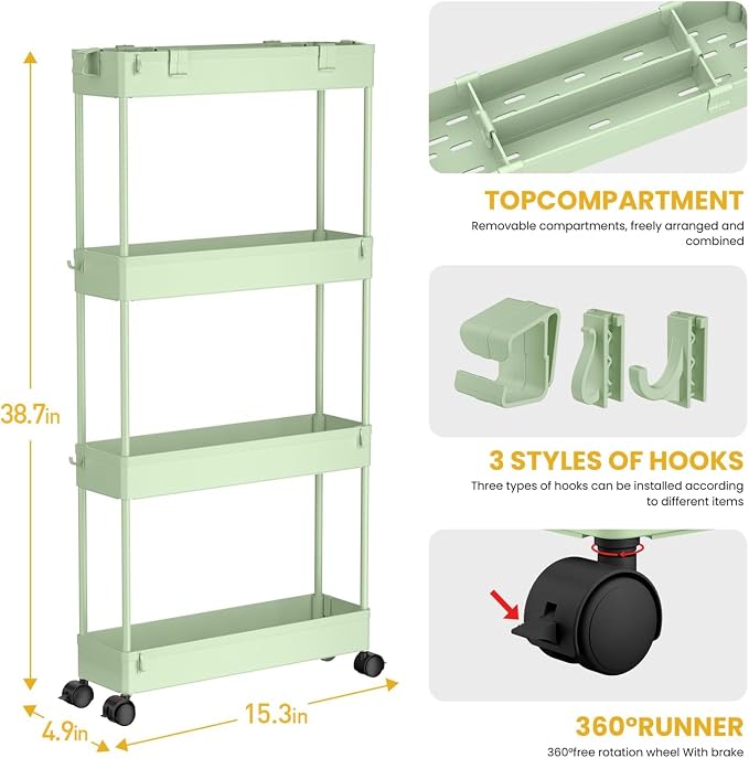 2-piece Set Slim Storage Cart 3 Tier,Bathroom Organizer Rolling Utility,Mobile Shelving Unit Slide Out for Office, Kitchen, Laundry Room & Narrow Places - Image 2