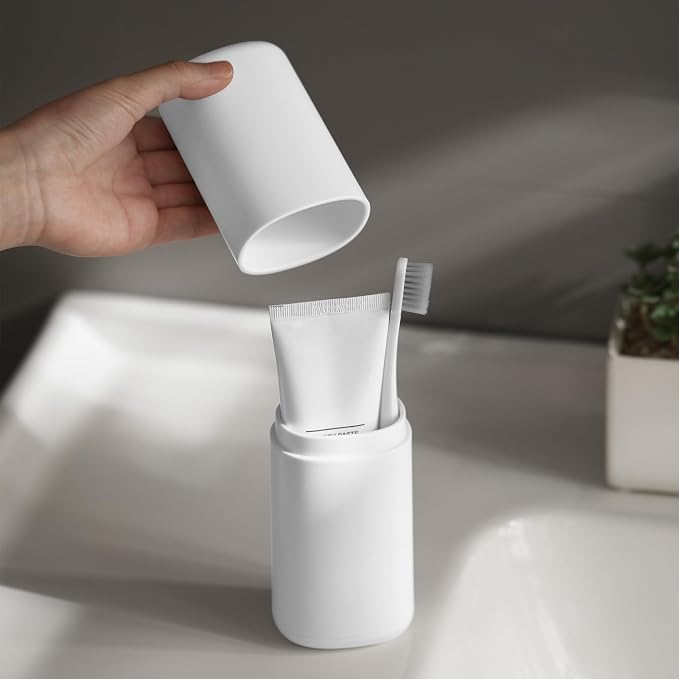 Travel Toothbrush Case - Portable Toothbrush Holder with Mouthwash Cup, Compact Large Capacity Toothpaste Organizer for Travel/Camping/School (White) - Image 6