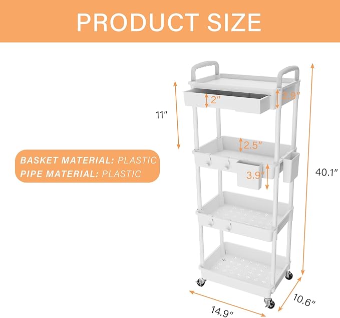 4 Tier Rolling Utility Cart with Drawer,REBECAT Utility Cart Made of Multifunctional Storage Organizer Tool for Kitchen,Bathroom,Living Room,Office(Gray) - Image 5