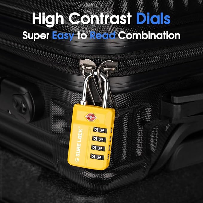 SURE LOCK TSA-Approved 4-Digit Resettable Combination Lock with Open Alert, Easy-Read Dials - for Luggage, School Lockers, Gym, Office, Toolbox & Security Cases (Yellow 2 Pack) - Image 6
