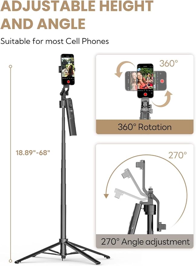 68" Auto Face Tracking Phone Tripod w/Ground Spike & Remote R01 | 68" Extendable Tripod,Compatible with iPhone & Android , Remote Control & Ground Spike Included, Video Recording & Vlogging - Image 8