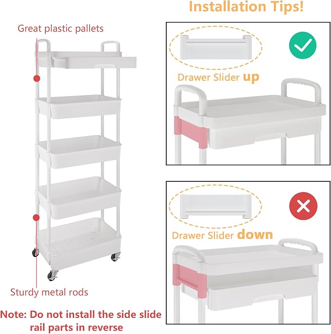Calmootey 5-Tier Utility Cart with Drawer & Wheels, Storage for Home,Office | Space-Saving Organizer, Sturdy Plastic Shelves, Smooth-Rolling Metal Wheels, Built-in Drawer for Small Items, White - Image 6