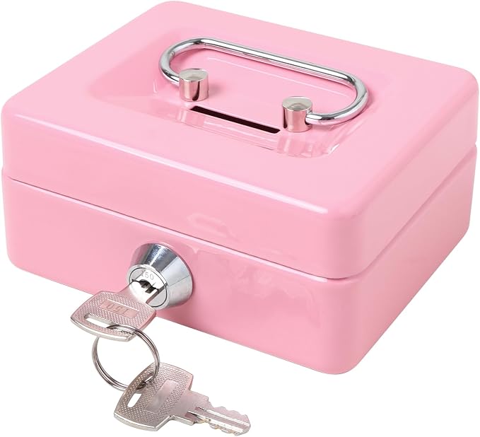 Jssmst Small Cash Box with Lock and Slot, Metal Coin Piggy Bank for Adults and Kids, Pink Locking Money Box by Jssmst
