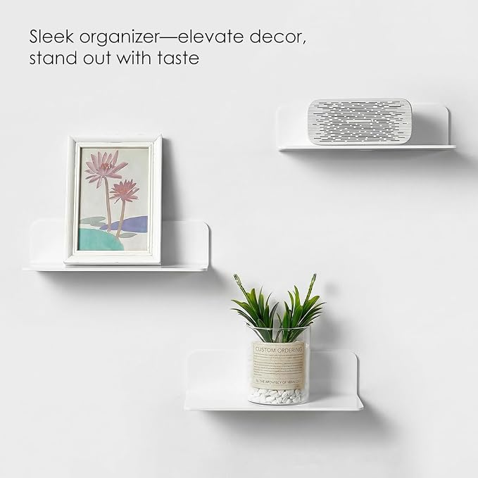 OAPRIRE Acrylic Floating Wall Shelves White, No Drill, 9 Inch 2 Pack | Strong Tape Adhesive Wall Shelf, Easy Installation, Hole Design with Cable Clips, Small Spaces Bedroom Bathroom Living Room - Image 9
