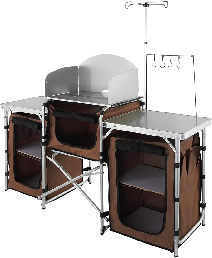 VEVOR Camping Kitchen Table, Folding Outdoor Cooking Table with Storage Carrying Bag, Aluminum Cook Station 3 Cupboard & Detachable Windscreen, Quick Set-up for Picnics, BBQ, RV Traveling, Brown - Image 6