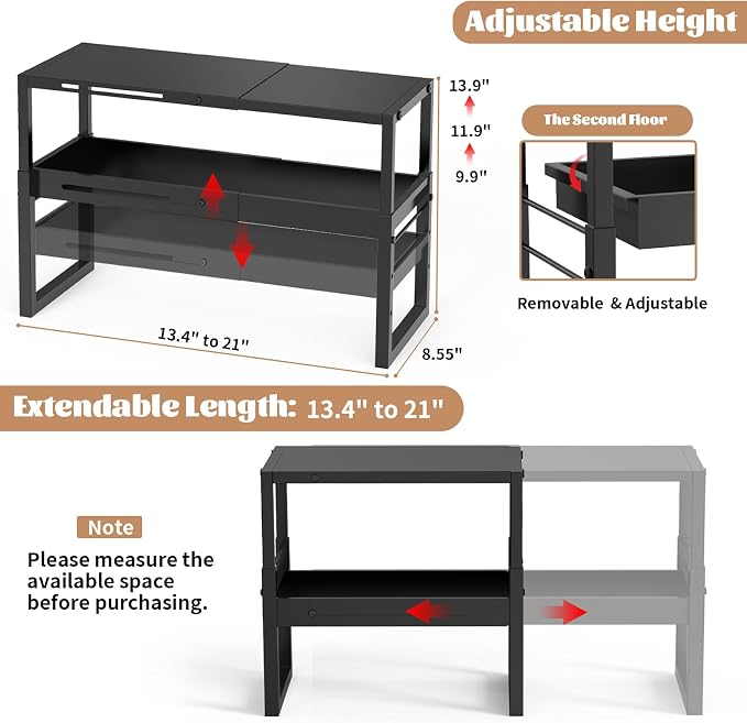 Adjustable Kitchen Countertop Organizer, 2-Tier Expandable Cabinet Counter Shelves, Heavy Duty Steel Pantry Organizers and Storage Shelf Rack Stand Riser, Adjustable Length & Height, Black - Image 2