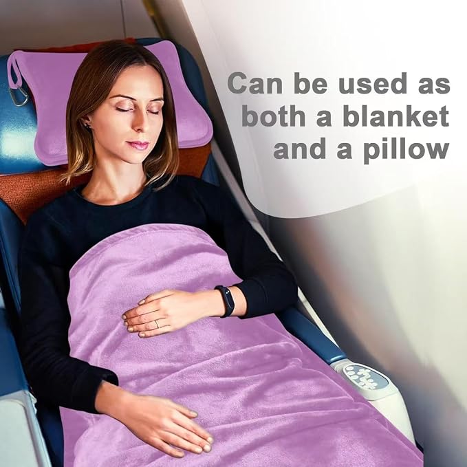 Travel Blanket and Pillow Compact, Premium Soft 2 in 1 Airplane Blanket with Soft Bag Pillowcase，Hand Luggage Sleeve and Backpack Clip (Solid Purple) - Image 6
