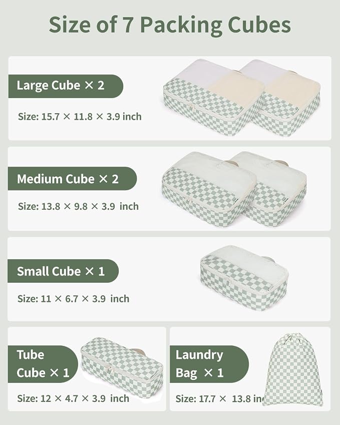 Narwey 7 Set Checkered Packing Cubes for Travel Kids Women, Durable Packing Organizer Bags for Carry on Suitcase Luggage Travel Essentials Accessories (Mint Green Checkerboard) - Image 3