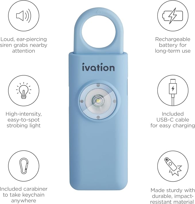 Ivation Personal Rechargeable SOS Alarm, Pocket Size Loud 130dB Sound Safety Siren & LED Panic Strobe Light with Carabiner Keychain Clip for Women, Children & Seniors, Blue - Image 6