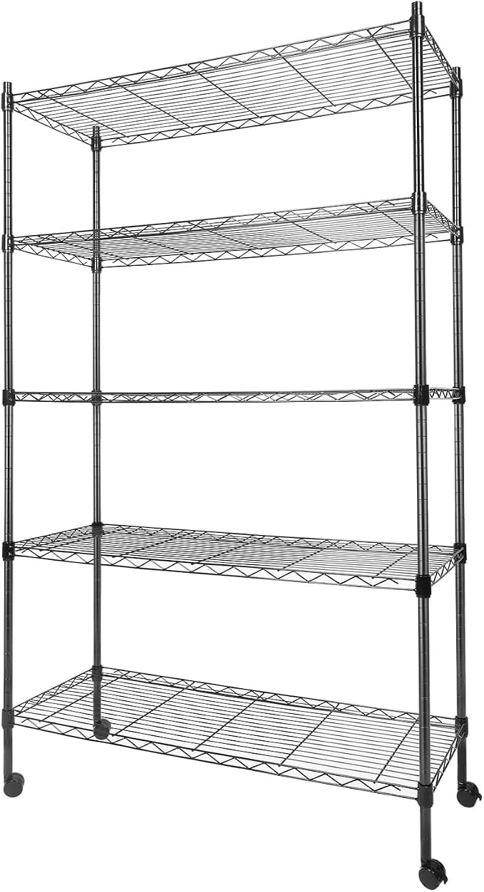 Whitmor 5 Tier Metal Storage Shelves, Heavy Duty with 4 Wheels & Adjustable Feet, 400 lbs Capacity per Shelf, Max 2000 lbs Total for Home, Garage, Workshop, 36" L x 14" W x 60" H, Black by Whitmor