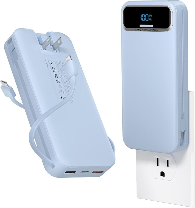 aonidi Portable Charger 20000mAh with Built-in Cables&AC Wall Plug, Blue | PD20W Fast Charging,Travel Essential,TSA Approved,LED Display,All in One USB C Power Bank for All Cell Phones Devices by AONIDI