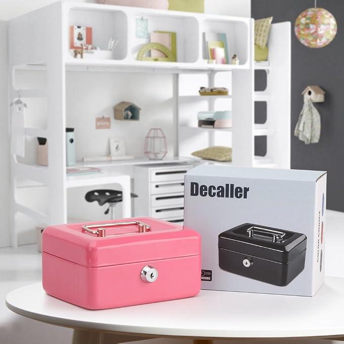 Decaller Small Cash Box with Key Lock, Double Layer Metal Money Box for Home Security, Portable Locking Box, 5.9" x 4.7" x 3.2", Pink - Image 6