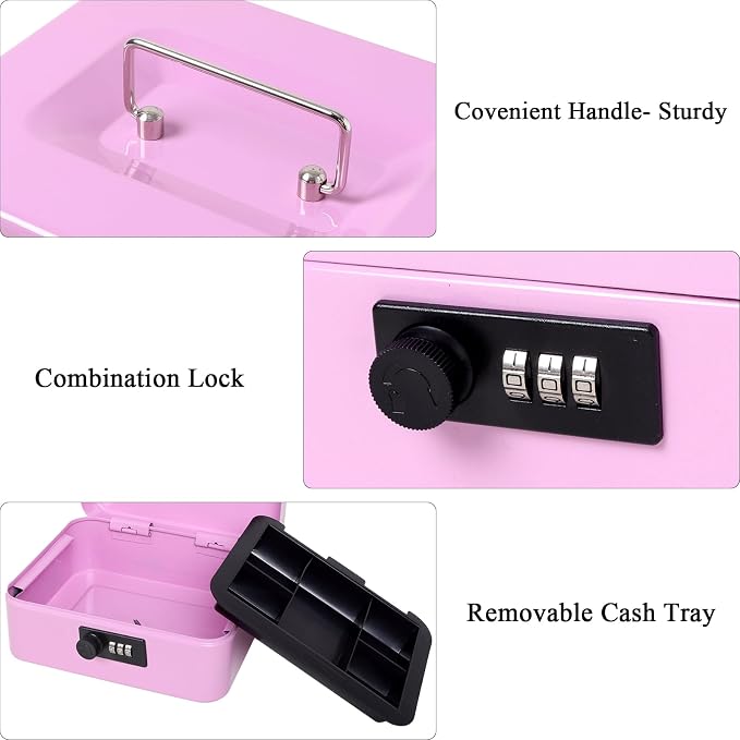 Jssmst Medium Cash Box with Combination Lock - Durable Metal Cash Box with Money Tray Light Purple,7.87 x 6.3 x 3.35 inches - Image 4