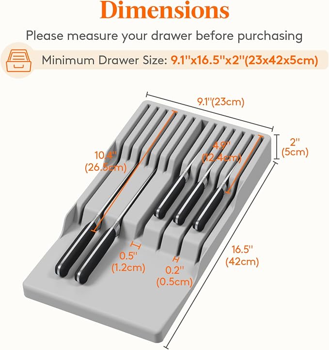 Lifewit Magnetic Drawer Knife Organizers Insert Pastic for 12 Knives, Gray | Kitchen Plastic In Drawer Knife Block Slots, Steak Chefs Knives Holder Storage for 12 Knives and 1 Sharpening Steel 16.5" - Image 2