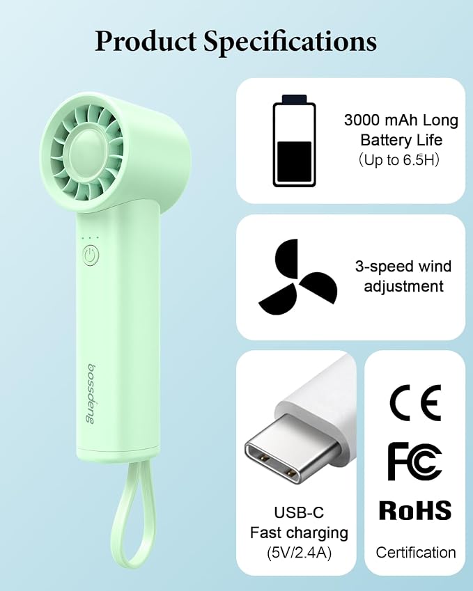 Portable Fan with Power Bank & Flashlight-Green | 6.5H Max Cooling,USB-C Rechargeable,Mini Fan for Outdoor/Travel/Beach/Concerts/Summer.Gifts for Girl,Women. - Image 8