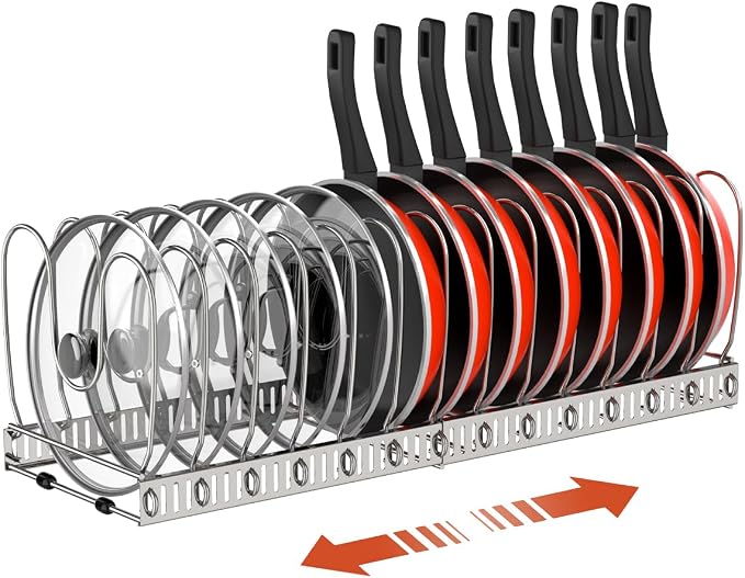 Housolution Pot and Pan Lid Organizer Holder Storage Rack, Silver | 12"-23" Expandable, 14 Adjustable Dividers, Sturdy Stainless Steel Construction, Easy Assembly by Housolution