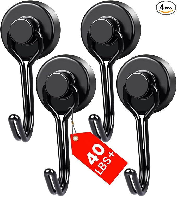 Magnetic Hooks 4 Pack 40Lbs Heavy Duty Neodymium Magnet Hook | Black Magnetic Swivel Hooks for Hanging Rust Proof Strong Magnets with Hook Magnets Metal Hanger for Storage by MIKEDE
