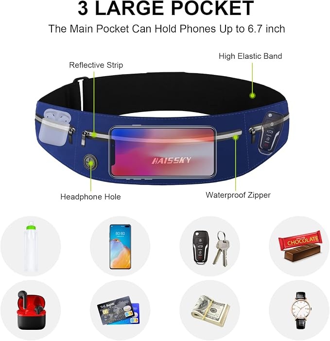Guzack Slim Running Belt for Phone 6.8'', 3 Pouch Waist Pack | Lightweight, Breathable, Waterproof Zipper, Fits All Phones, Running Phone Holder for Jogging, Walking, Cycling, Workout - Image 3