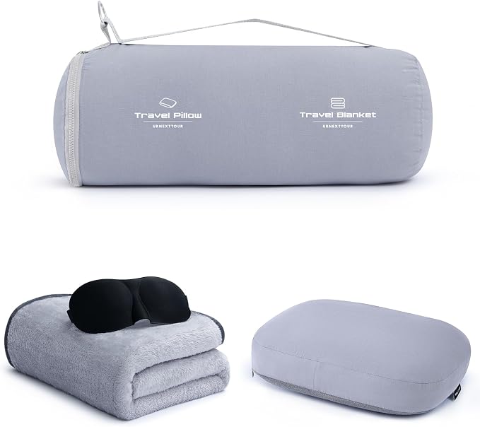 urnexttour 4-in-1 Travel Pillow & Blanket Set with Eye Mask, Memory Foam Neck Support, 50x65 Inch Blanket, Storage Bag for Airplane, Car, Train, Home Travel Grey by Urnexttour
