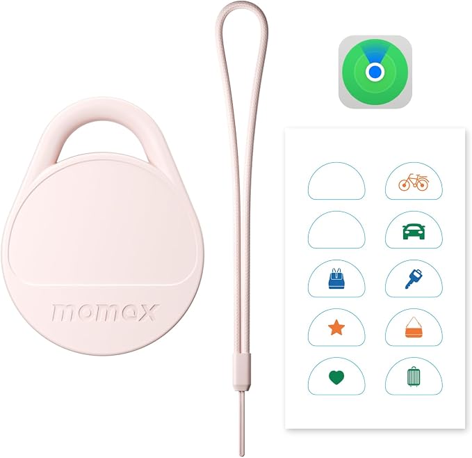 Momax Key Finder Tracker Tag - [Apple MFi Certified] Smart Bluetooth Tracking Device with Find My (iOS Only), Replaceable Battery, DIY Stickers, for Wallets, Luggage, Suitcases, Backpacks, Pink by MOMAX