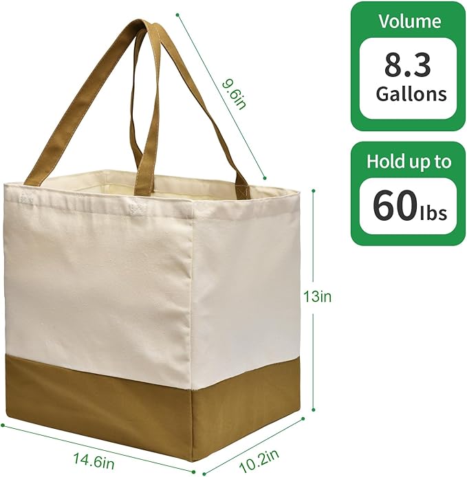 Canvas Reusable Grocery Bags Heavy Duty, 8.3 gal Foldable Large Tote Bag with Handles, Holds 60 lbs Canvas Shopping Bags, 1 Pack - Image 5