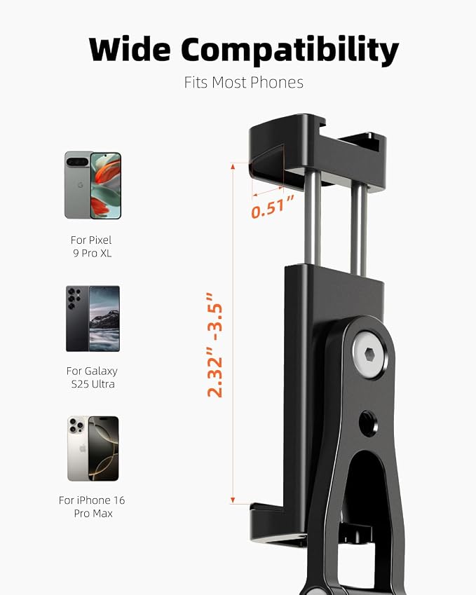 All Metal Phone Tripod Mount, 360° Rotation Tripod Phone Mount with 2 Cold Shoes, Adjustable Cell Phone Mount Adapter with 1/4" Thread, Compatible with iPhone Android Phones, Digital Camera - Image 3