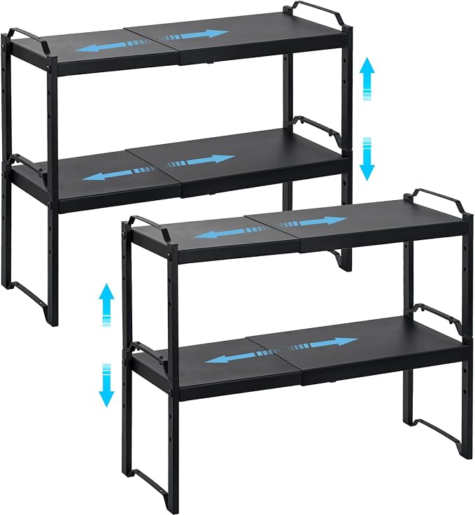 4 Pack Kitchen Cabinet Shelves Organizers, Kitchen Counter Storage Shelf Spice Rack, Expandable Length, Adjustable Height, Stackable, Sturdy 30LBS Bearing, Small Cupboard Tabletop Organizer Shelf Rack by X-cosrack