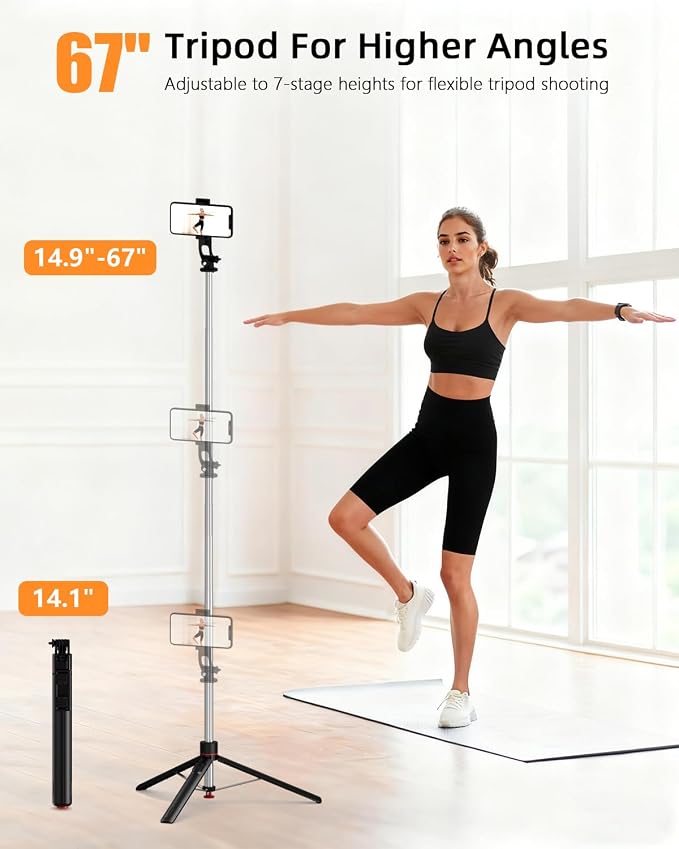 67" Camera Tripod & Phone Selfie Stick, Lightweight Portable Travel Tripod Stand with Wireless Remote, Auto Pop Open Tripod,Compatible with Phone/iPhone/Camera for Photography & Vlogging - Image 6