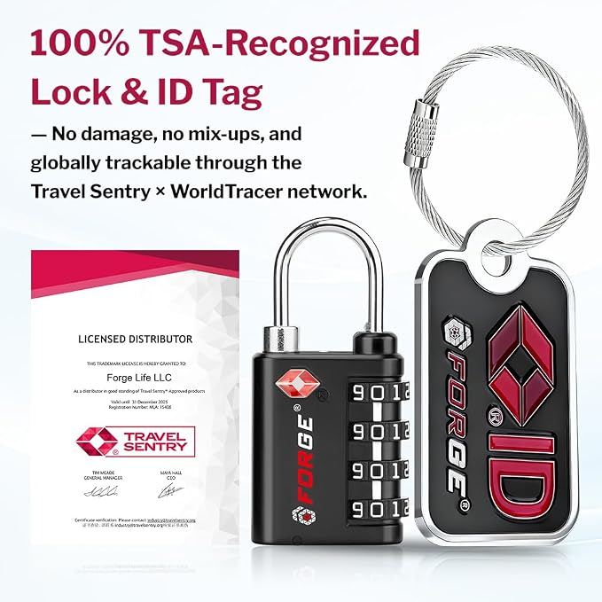 Forge Dual-Opening: Key or Combination Lock, TSA Approved Lock for Luggage, Pelican case, Travel, Gym, School, Luggage Combination Lock, Travel Bag Lock (Black 4 Locks and 2 ID) - Image 2