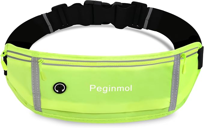 Slim Running Belt Fanny Pack, Waist Pack Bag for Women Men, Running Pouch for Phone Waterproof Reflective with 3 Pouches, Running Phone Holder for Sports, Traveling (Green) by Peginmol