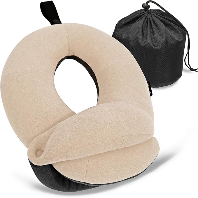 Kids Travel Pillows for Airplane, Memory Foam 360° Head Support Sleeping Essentials for Long Flight, Skin-Friendly Soft Neck Pillow for Traveling in Car Seat, (Small, Beige Grey, 40-90 lbs) by BUYUE
