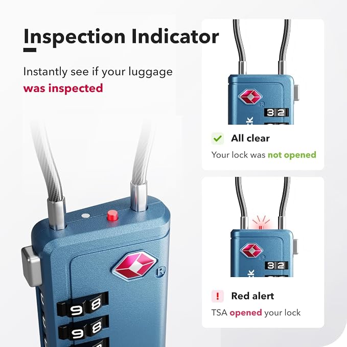 TSA Approved Luggage Locks, Travel Locks with Inspection Indicator | TSA008, Easy to Read Dials, 4 Digit Combination, Flexible Steel Cable, for Suitcases, Backpacks, Bags, 2-Pack, Blue - Image 5