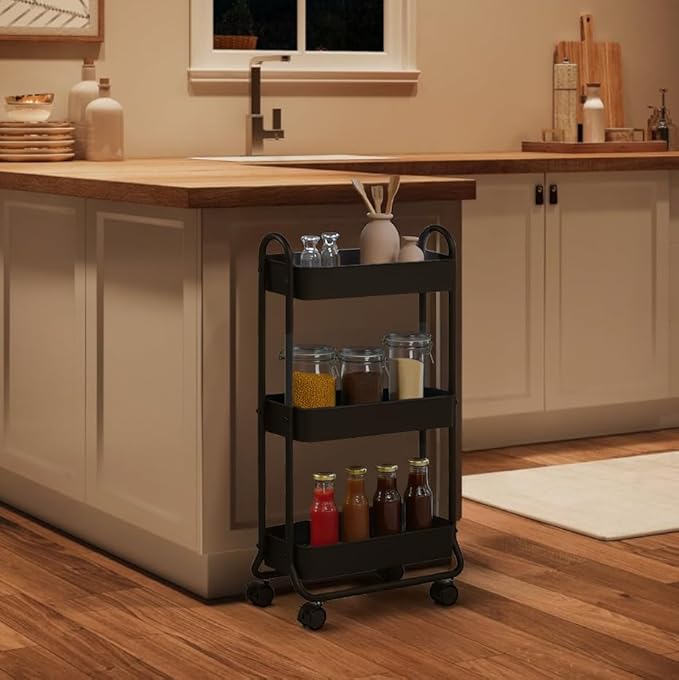 SunnyPoint Slim Rolling Storage Cart, 3 Tier Bathroom Storage Organizer Bathroom, Laundry Utility Cart (Black) - Image 3