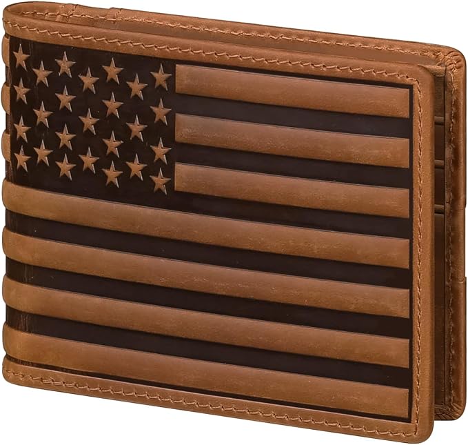 Wallet for Men-Genuine Leather RFID Blocking Bifold Stylish Wallet American Flag Wallet With 1 ID Window (Brown, Without ID Window) by GERUOLA